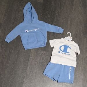 Champion Kids Light Blue Hoodie and Shorts Set with White Tee